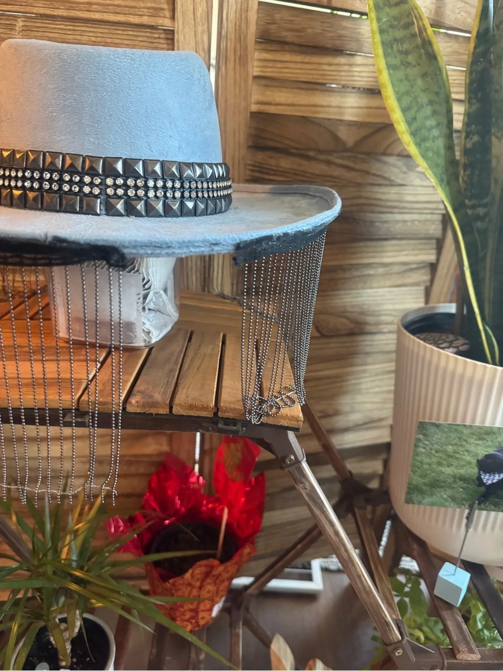 Vintage Blue Suede Hat with Studded Band & Fringe